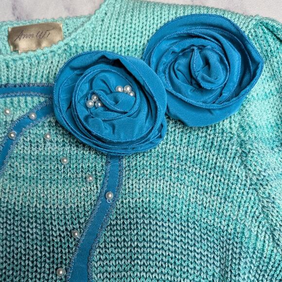 Vtg 1990s Ann Wi Teal Blue Ombre Knit Floral Applique Pullover Sweater 1X - Picture 3 of 4